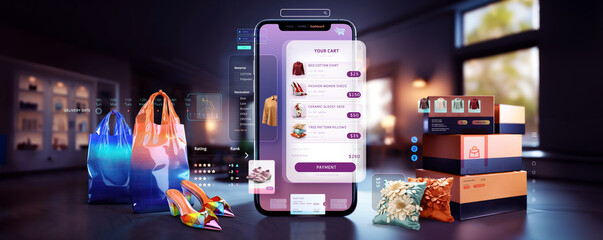online shopping list and free shipping through mobile app marketplace and home delivery with application user interface menu mockup screen and credit card payment, no actual brands used in design - obrazy, fototapety, plakaty