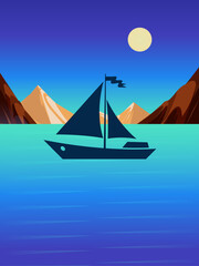 flat design beach with boat and mountain vertical background