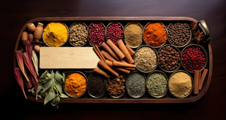 aromatic spices shop or a supermarket spice section with empty price or name tag as wide banner with copy space area - Generative AI