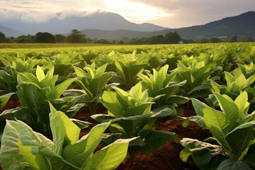 Blooming tobacco plants on a plantation field. Generative AI