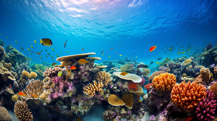 Fototapeta na wymiar Underwater coral reef landscape Ocean Beautiful Fish Design Modern Unique Colorful. AI Generative.