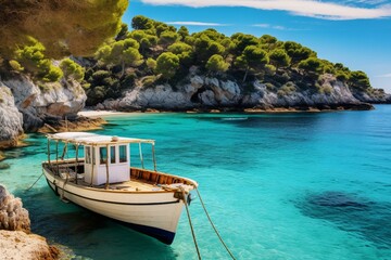 Scenic beach in Menorca with a boat in the bay. Summer, travel, lifestyle. Generative AI