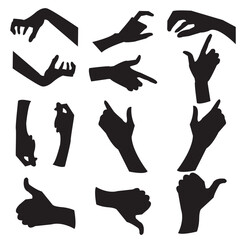 Various gestures of human hands isolated on a white background. Vector flat illustration of male or female hands in different situations. Vector design elements for infographic, web presentation.