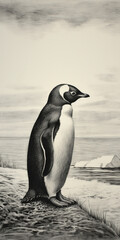Obraz premium Digital drawing in charcoal style of a penguin in a winter landscape.