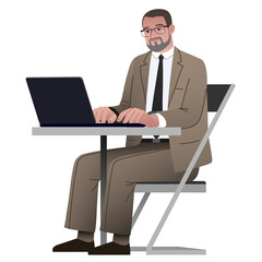 bearded man in suit working on laptop