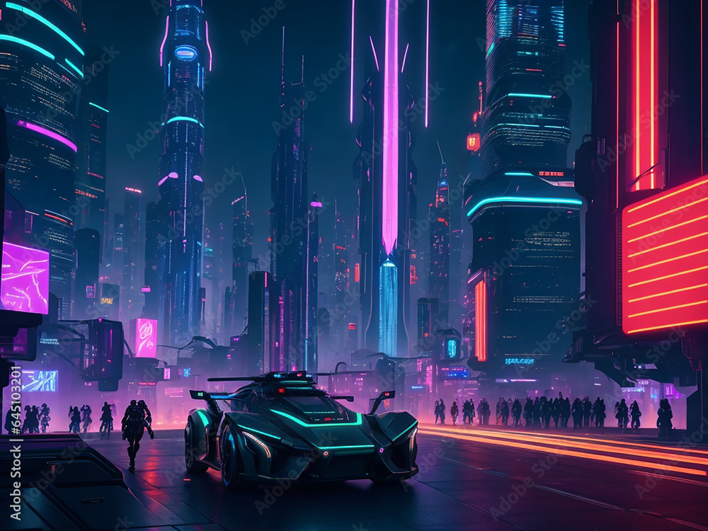 Poster a cyberpunk background with a futuristic car - ai generative