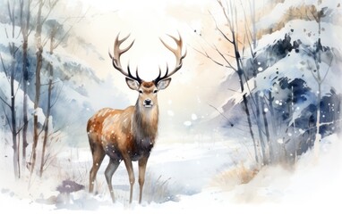 Watercolor winter background with deer