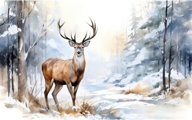 Naklejka na ściany i meble Watercolor winter background with deer