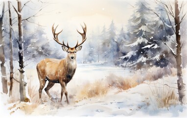 Naklejka na ściany i meble Watercolor winter background with deer