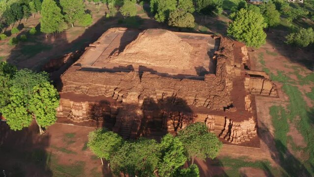 Aerial drone top view preserve history Prasat Prang Si Thep, a World Heritage Site, is located at Si Thep, Si Thep District, Phetchabun.