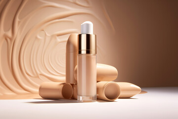 Bottle of makeup foundation and samples on beige background. Cosmetic product presentation. Luxury flying liquid in motion. Feminine copy space, nude, brown template