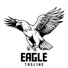 Monochrome American eagle vector illustration. Hand-drawn hawk, falcon, eagle. Design element for logo, label, emblem, sign, brand mark, poster, t-shirt print  - PNG, Transparent Background