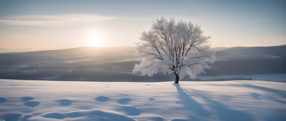 Winter wallpaper. Wide angle shot of a a tree standing alone on a snowy field against a blue frosty sky. Beautiful winter nature scene.	