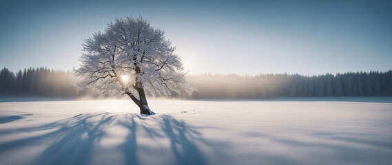 Winter wallpaper. Wide angle shot of a a tree standing alone on a snowy field against a blue frosty...