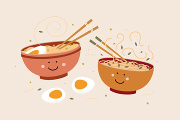 Cheerful bowl s with Asian egg noodles and chopsticks on a light isolated background. Traditional oriental food vector illustration. Korean, Japanese, Chinese national dish in cartoon style.