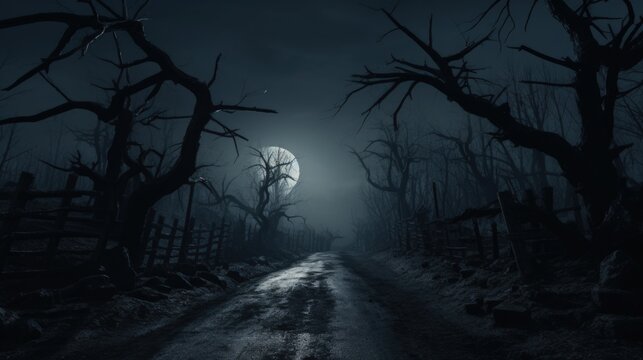 Graveyard cemetery in spooky scary dark Night full moon and dead trees. Holiday event halloween banner background.