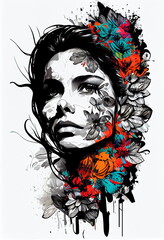 Fototapeta premium Abstract contemporary art collage portrait of a young woman with flowers on her head and hair