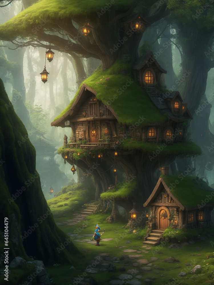 Poster a beautiful tree house in an amidst jungle illuminated with lanterns - ai generative
