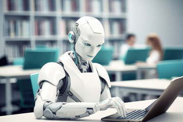 A humanoid robot studies with a laptop in a futuristic library. Using advanced AI technology, it processes data  while circuits and neural networks continually optimize it.