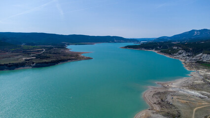 drone view of the Yesa reservoir in Aragon