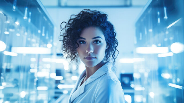 A female scientist portrait: A woman dressed in a lab coat, works in her Lab. She embodies innovation and academic professionalism. Bright abstract lab Background.