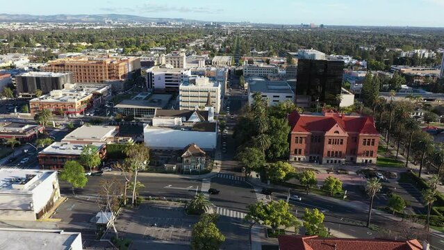 Sunset view of the historic core of downtown Santa Ana, California, USA.