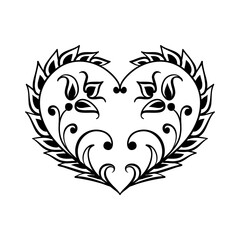 Vector black decorative heart on white background. Creative hand drawn heart for card design or tatoo