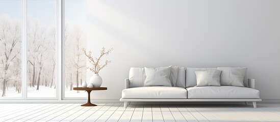 Sofa in empty minimalist room with white decor on large wall and windows with white landscape. Background for home nordic interior. illustration.