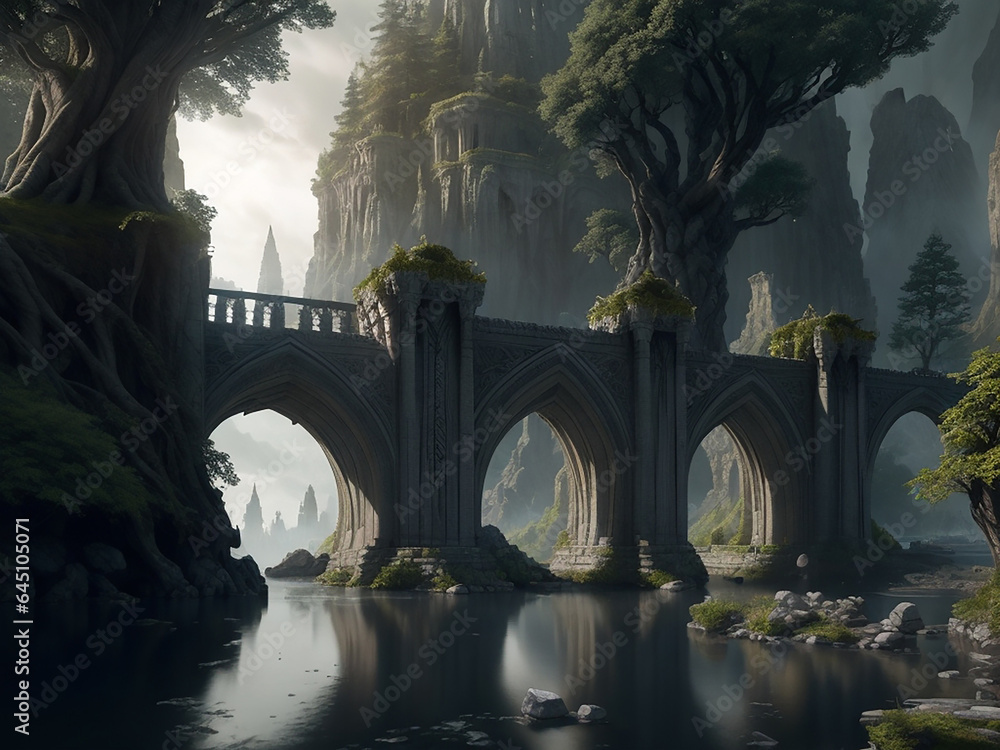 Poster a timeless image of a broken bridge over a river - ai generative