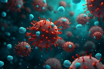 Detailed abstract virus cells in a 3D medical background. Generative AI