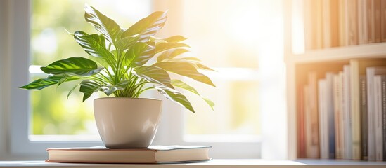 Sunlit apartment with plants and books on a white desk and wall.