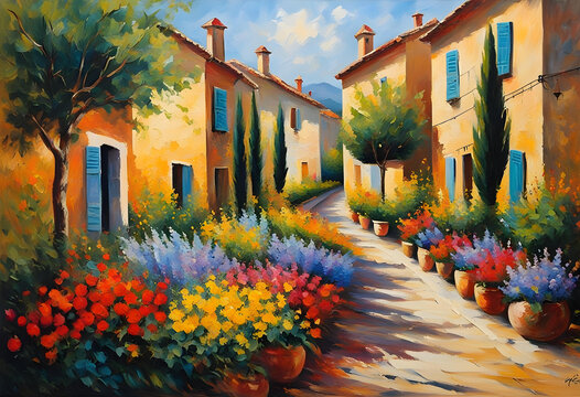 Fototapeta an idyllic village in Provence - impressionism painting - generative ai