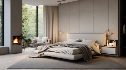 the interior of a stylish bedroom with minimalist design elements. The room features a contemporary lamp, indoor plants, and a sleek fireplace, creating an atmosphere of relaxation and sophistication.