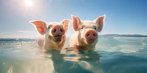 Foto op Canvas Pigs swimming in the sea capture the essence of a tropical vacation, showcasing an unusual yet dreamy travel destination with clear waters, sunny beaches, and the whimsical nature of a paradise island © Karat