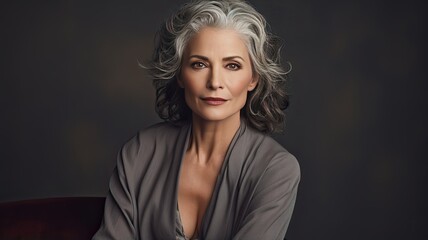 Fototapeta premium a mature, confident woman with gray hair, gazing confidently at the camera against a studio backdrop. The composition emphasizes her inner strength and resilience, with space for meaningful text.