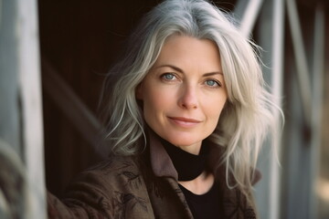 Fototapeta premium Smiling middle age grey-haired woman in outside. Autumn