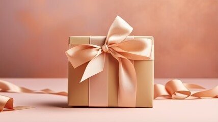 female hands delicately presenting a kraft paper gift box adorned with a satin ribbon bow. The...