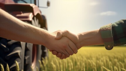 handshake of farmers in shirts against the background of a wheat field with a tractor