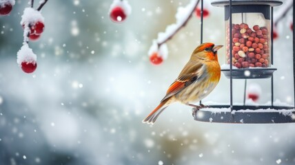 a charming little garden bird perched at a bird feeder, surrounded by a snowy garden landscape. The scene conveys the resilience and beauty of nature in winter.