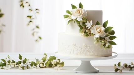 a stunning white wedding cake adorned with intricate flowers and delicate green leaves. The cake sits on a pristine white wooden background, creating an ambiance of timeless beauty.