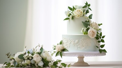 a stunning white wedding cake adorned with intricate flowers and delicate green leaves. The cake sits on a pristine white wooden background, creating an ambiance of timeless beauty.