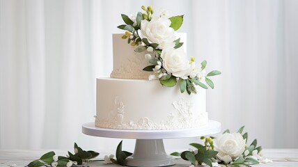 a stunning white wedding cake adorned with intricate flowers and delicate green leaves. The cake sits on a pristine white wooden background, creating an ambiance of timeless beauty. - obrazy, fototapety, plakaty