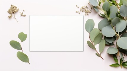 a blank invitation card and greeting card set amidst lush eucalyptus leaves, artfully arranged for a flat lay shot. The composition embodies the harmony of nature and design.