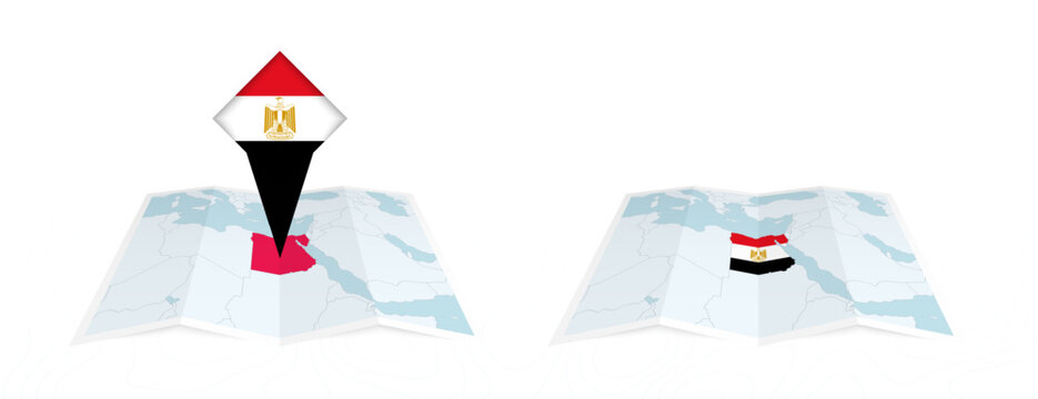 Two versions of an Egypt folded map, one with a pinned country flag and one with a flag in the map contour. Template for both print and online design.