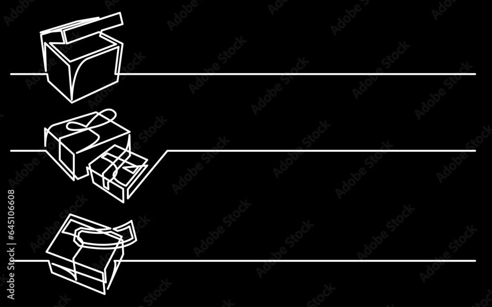 Sticker continuous line drawing vector illustration with FULLY EDITABLE STROKE of business icons banner letterhead designs on black background