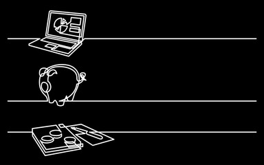 continuous line drawing vector illustration with FULLY EDITABLE STROKE of business icons banner letterhead designs on black background