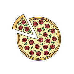 Pizza doodle top view vector illustration isolated. Whole round pizza and cut slice. Outline fast food dish with salami and vegetables. Hand drawn cute elements