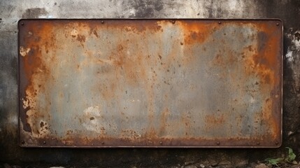 Old blank rusty metal sign with copy space isolated on concrete wall background, grunge industrial style sign design. - obrazy, fototapety, plakaty