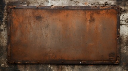 Old blank rusty metal sign with copy space isolated on concrete wall background, grunge industrial style sign design.