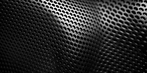 Black perforated metal texture background, abstract tech style banner design.